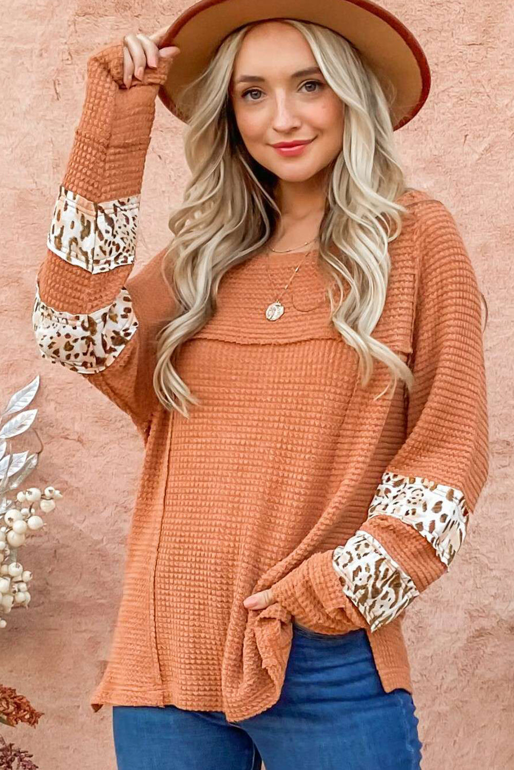 Apricot Leopard Splicing Exposed Seam Waffle Knit Top