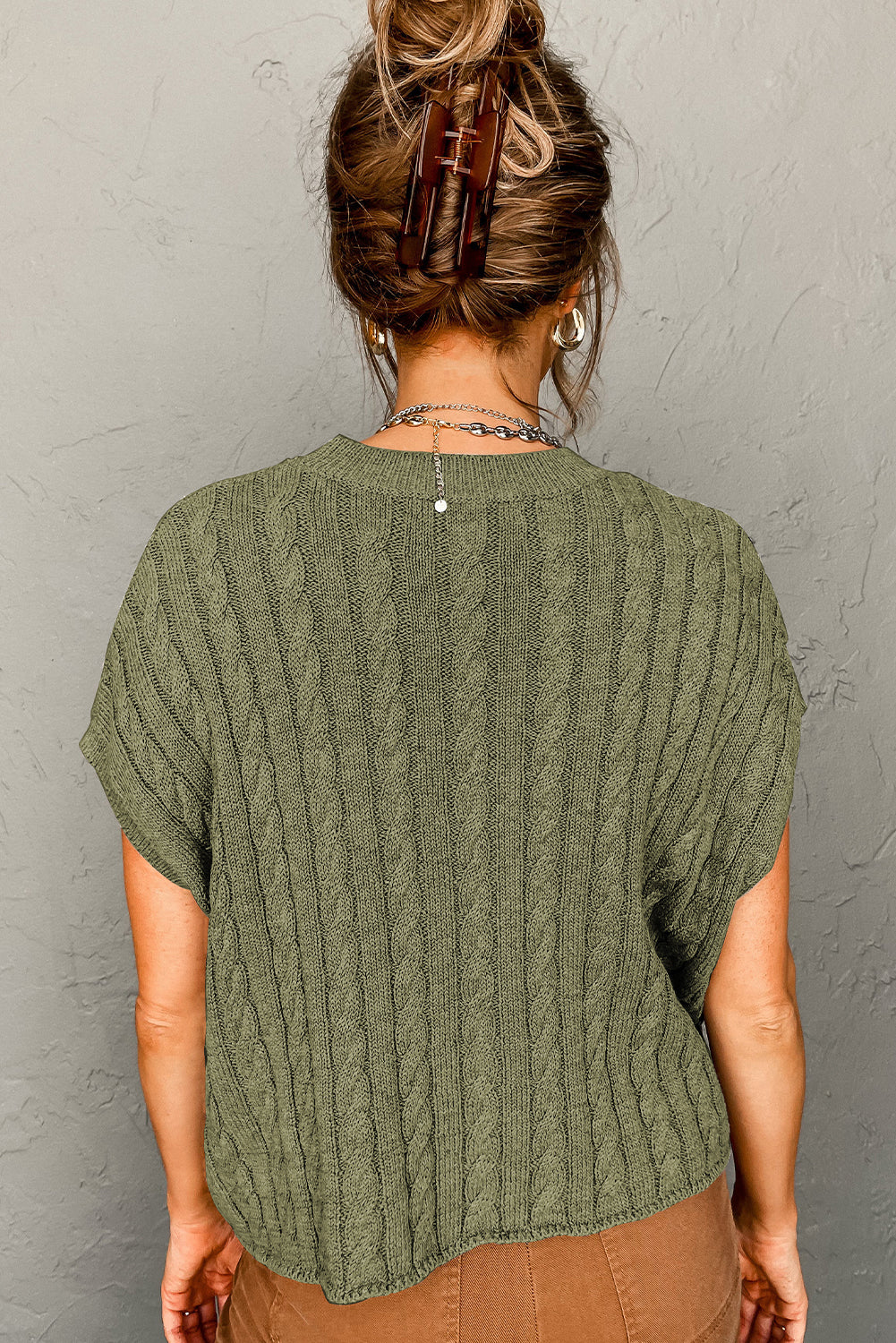 Jungle Green Crew Neck Cable Knit Short Sleeve Sweater