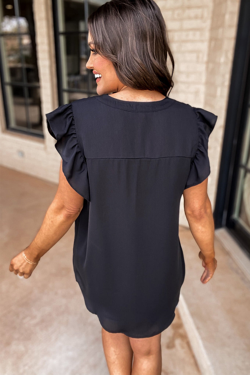 Black Notched Neck Ruffle Sleeve Blouse