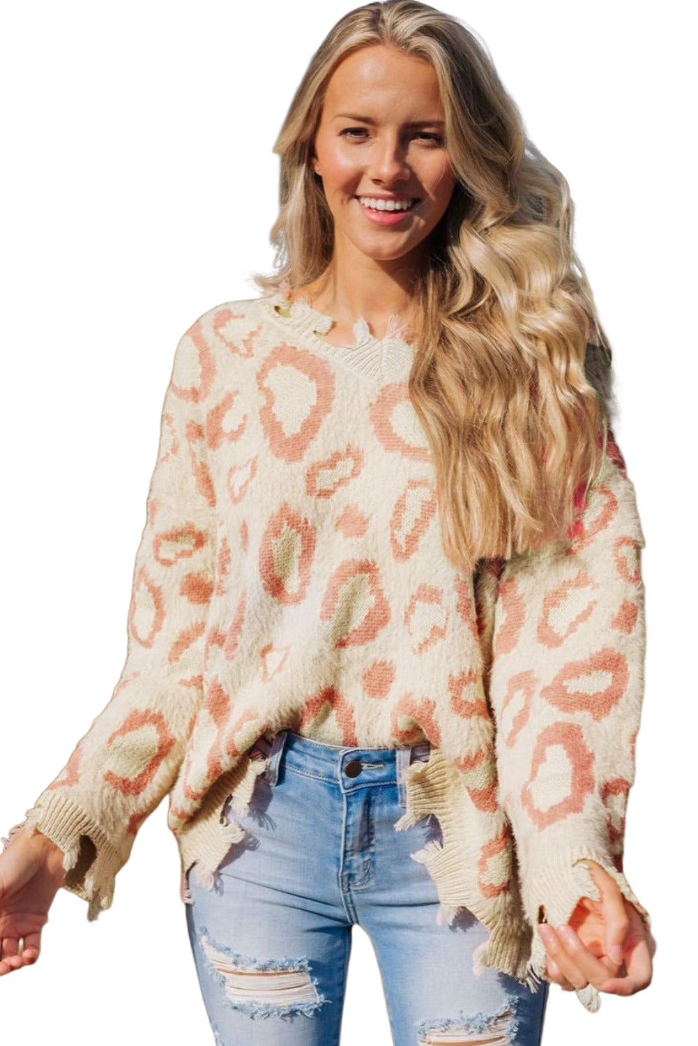 Leopard Animal Print Distressed Trim Fuzzy Sweater