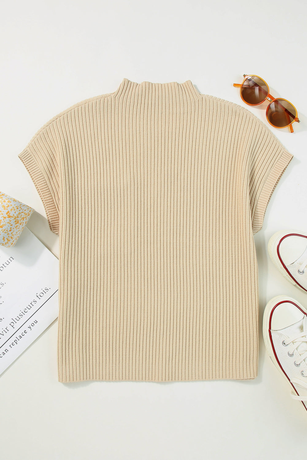 Apricot Ribbed V Neck Patched Chest Pocket Knit T-shirt