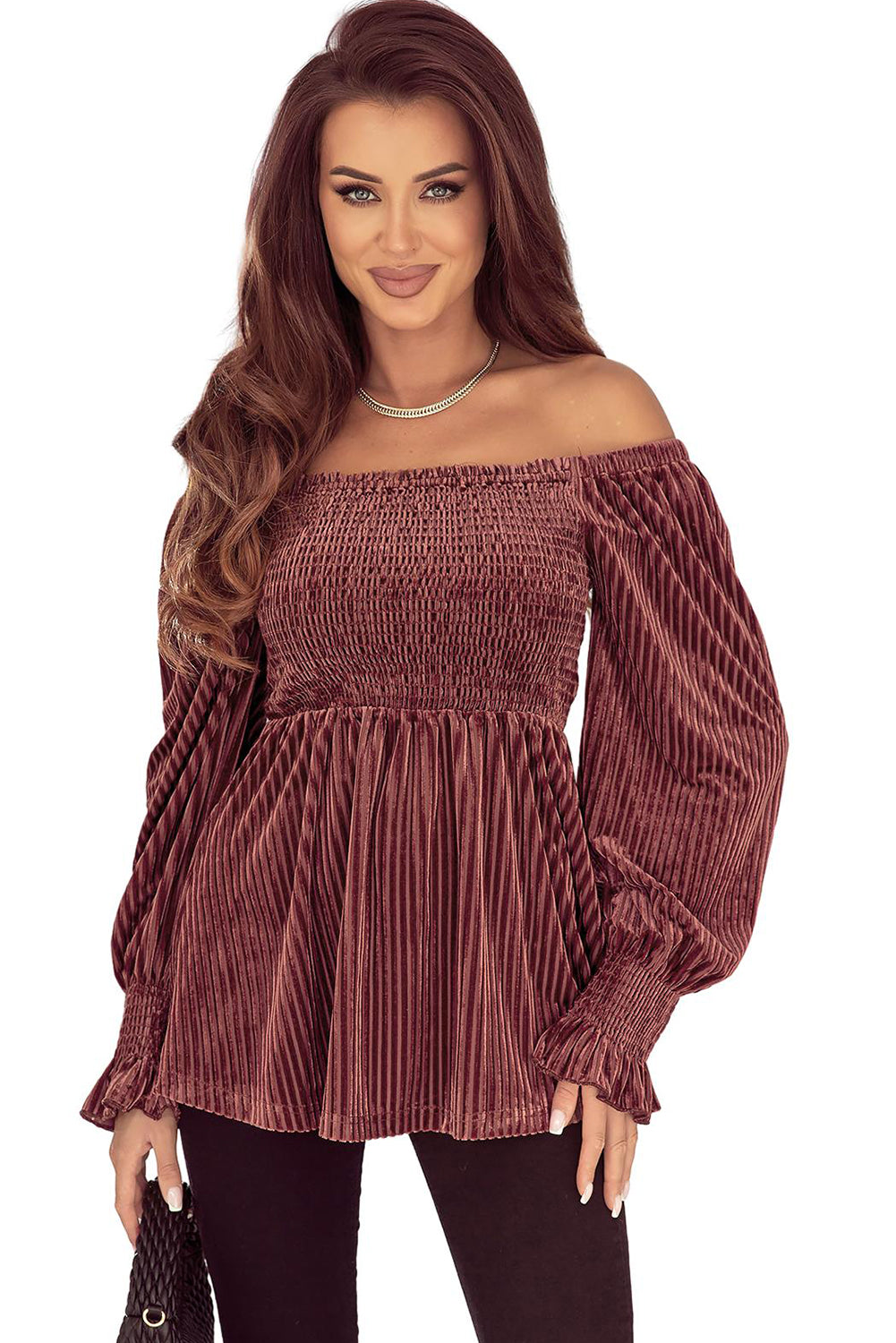 Chestnut Smocked Ribbed Velvet Babydoll Top