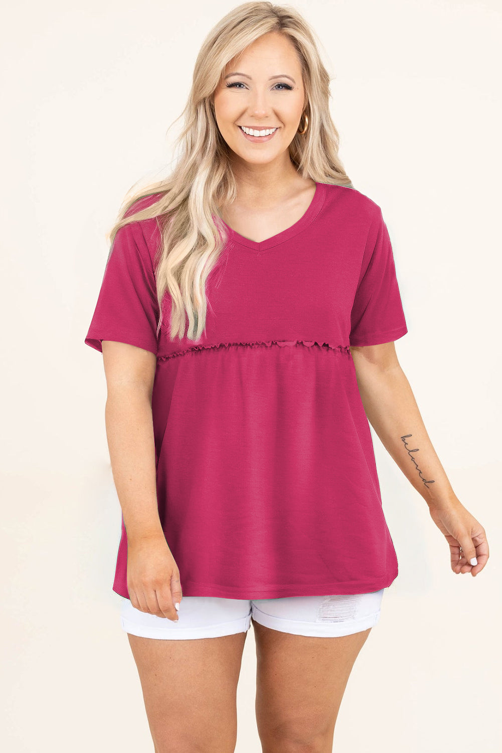 Rose Red Solid Short Sleeve Flowy Plus Size Top