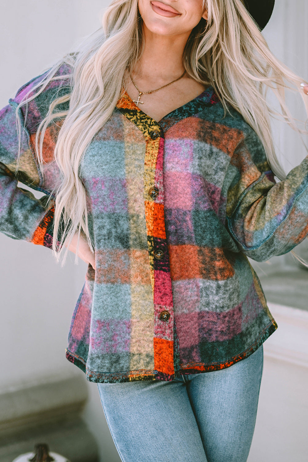 Multicolor Brushed Plaid Plus Size Shacket