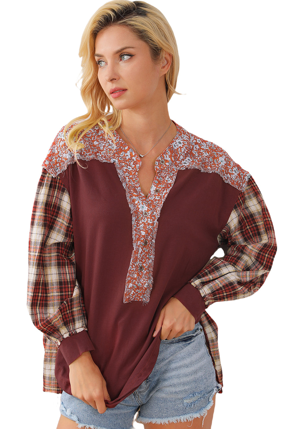 Red Dahlia Mixed Print Half Buttons Plus Size Pullover Top