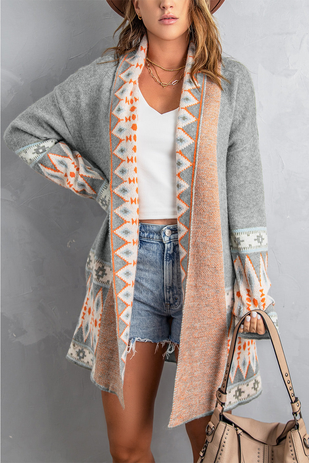 Orange Printed Aztec Print Open Front Knitted Cardigan