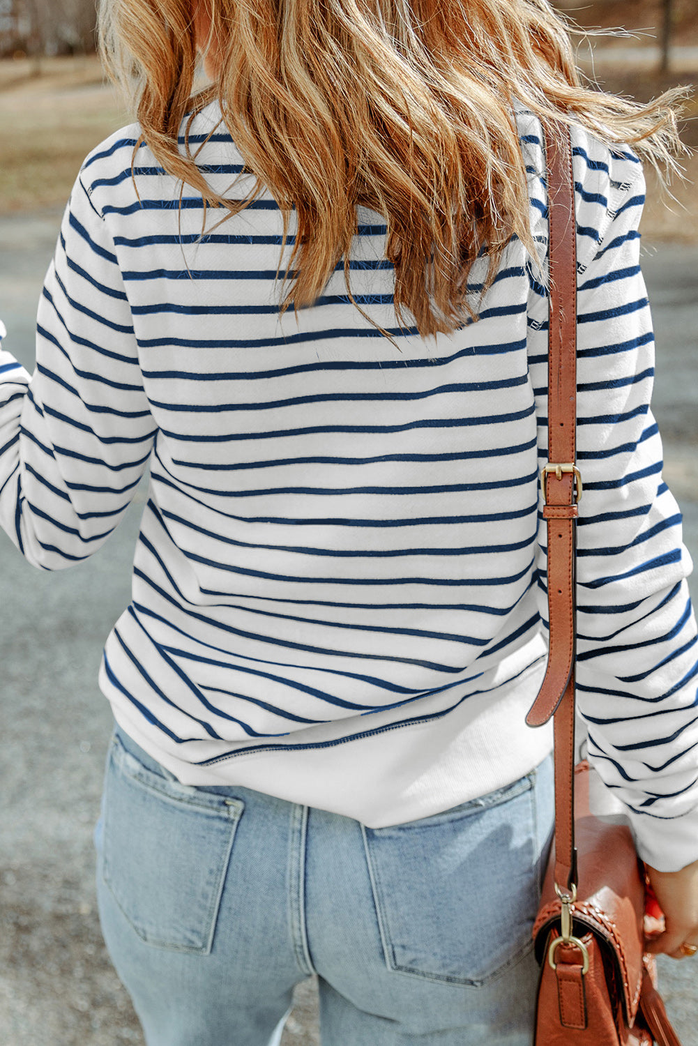 Red Striped Print Ribbed Trim Long Sleeve Top