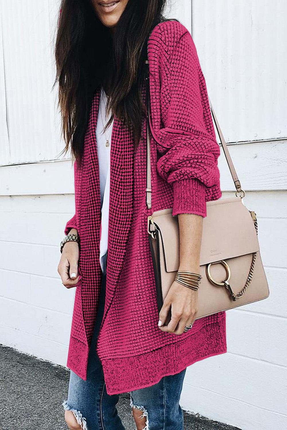 Gray Plaid Knitted Long Open Front Cardigan