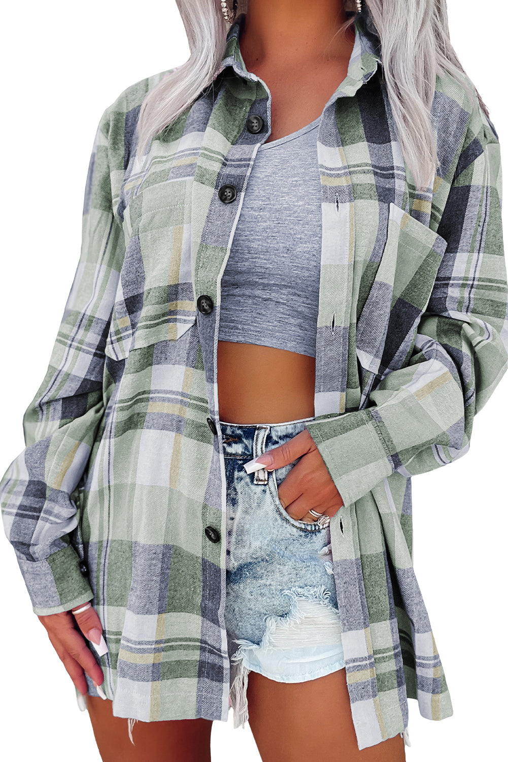 Green Printed Plus Size Chest Pocket Plaid Shirt