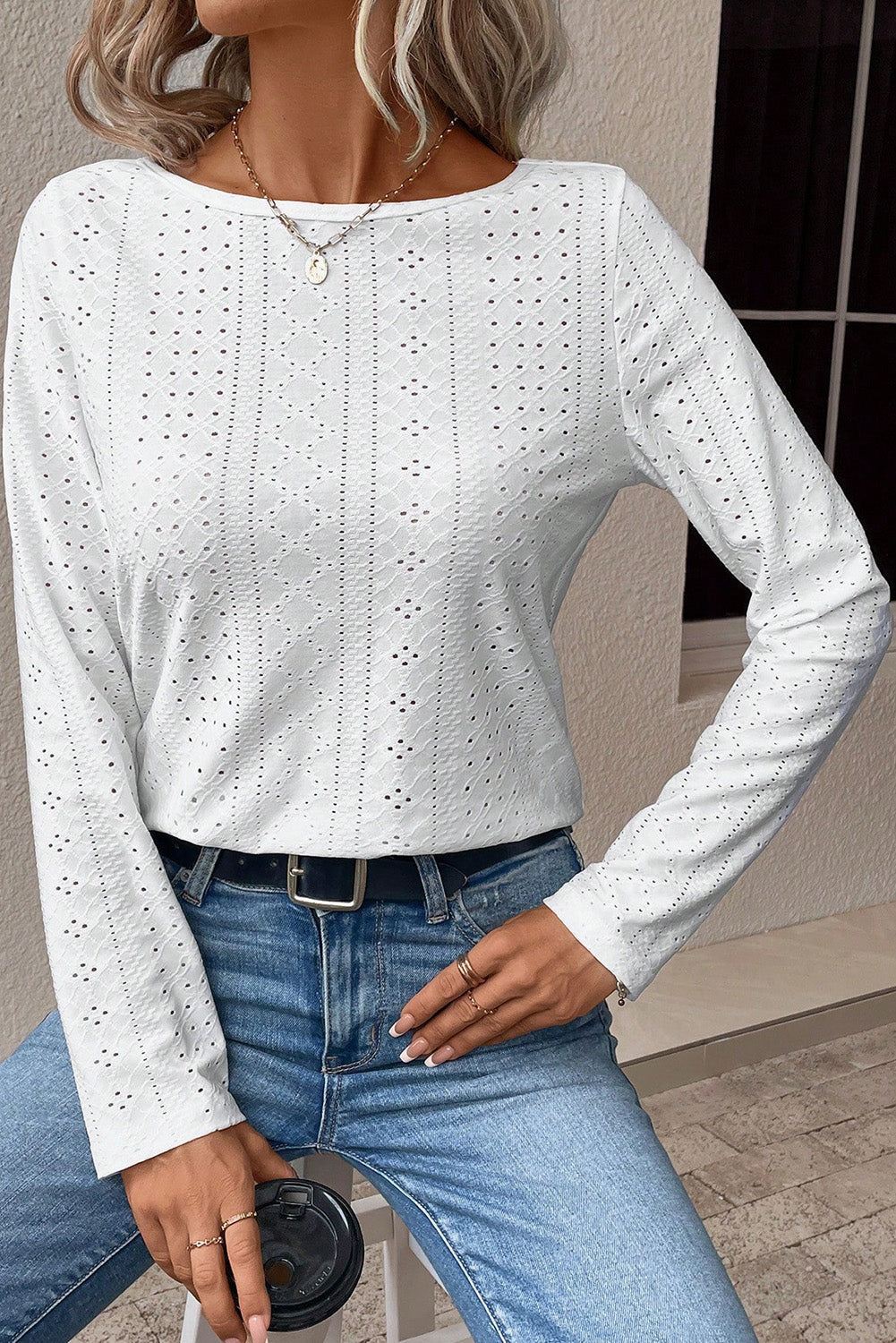 White Floral Lace Splicing Eyelet Long Sleeve Top