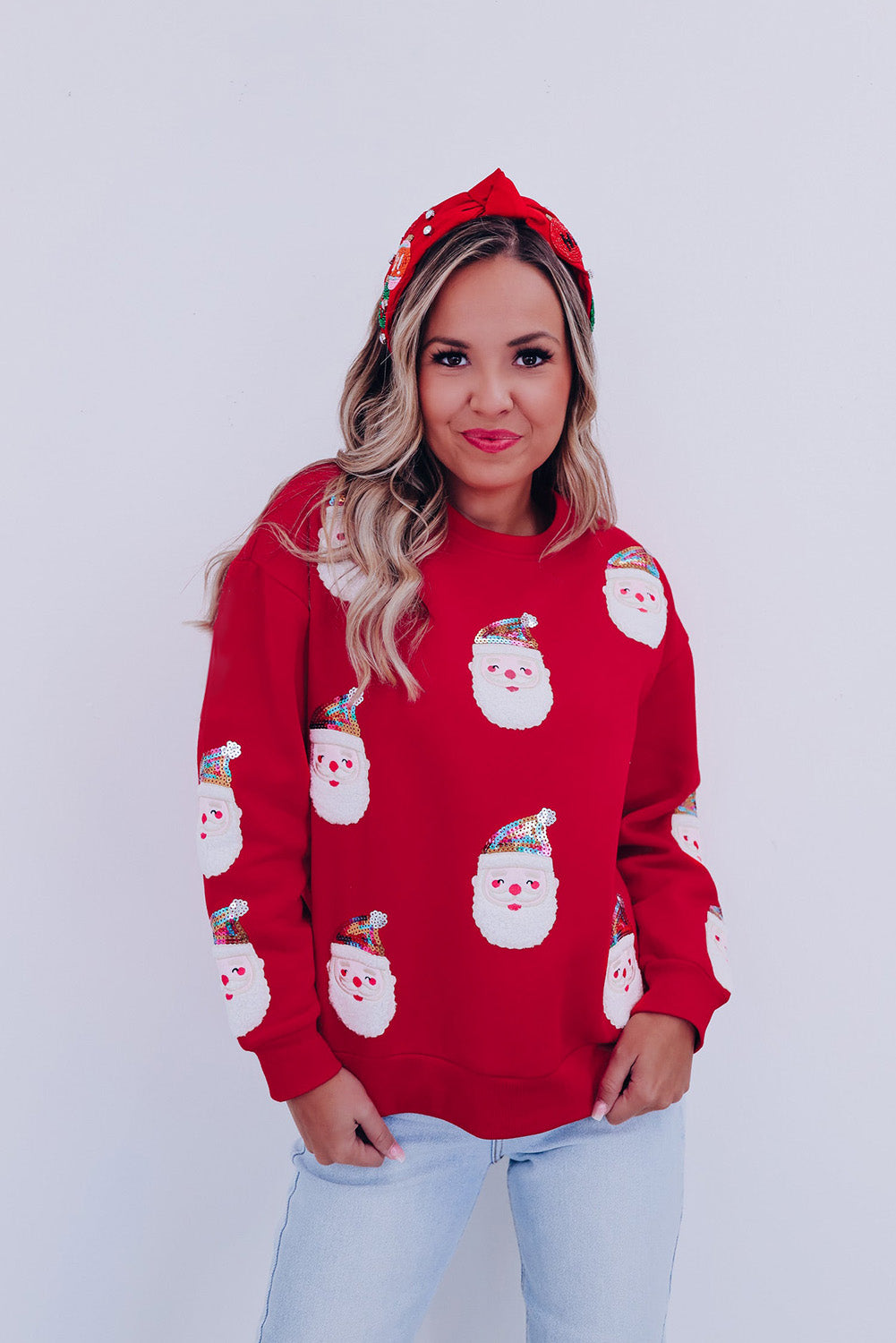 Red Christmas Santa Claus Print Drop Shoulder Sweatshirt