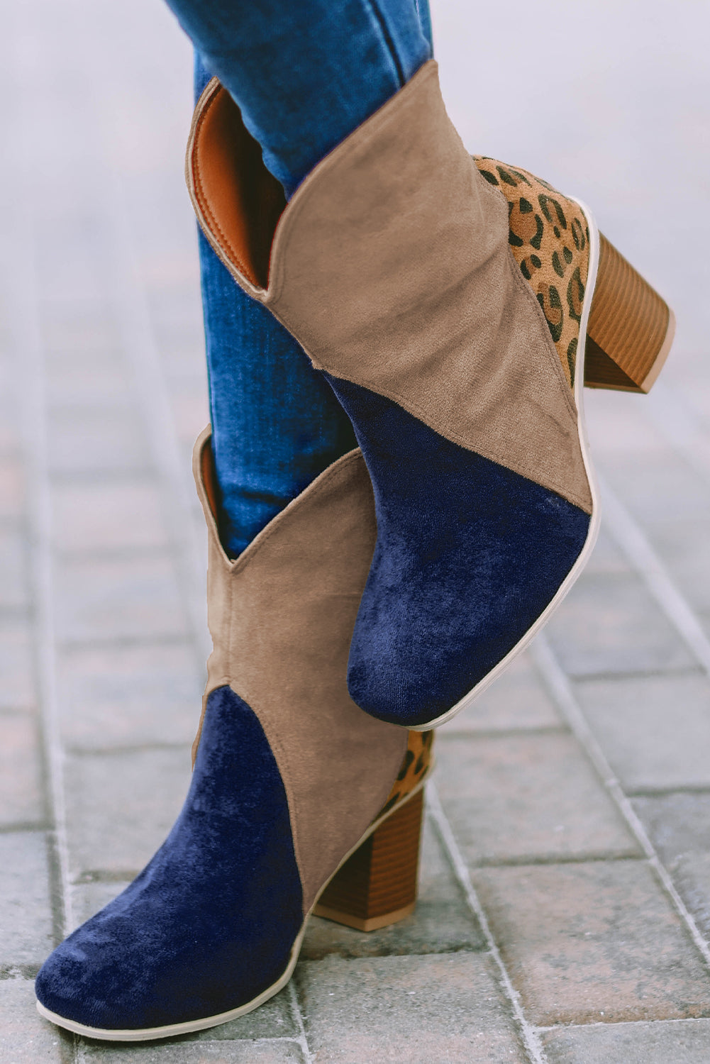 Leopard Print Color Block Patchwork Heeled Boots
