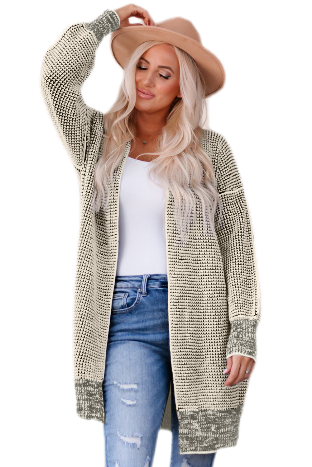 Gray Plaid Knitted Long Open Front Cardigan