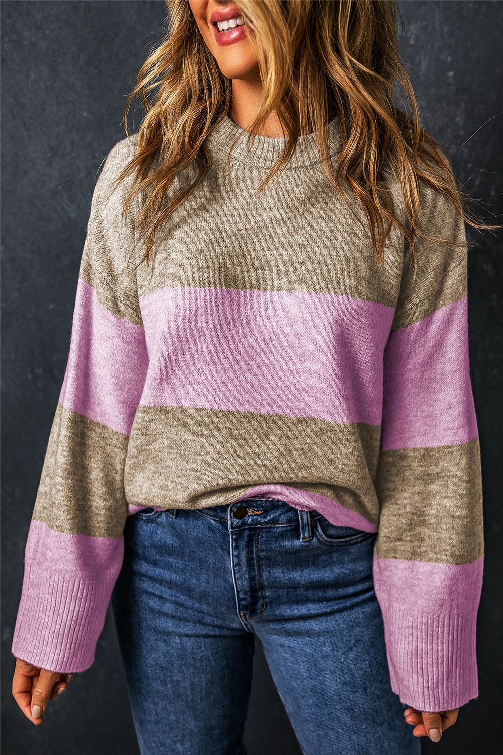 Rose Stripe Crew Neck Wide Sleeve Colorblock Sweater