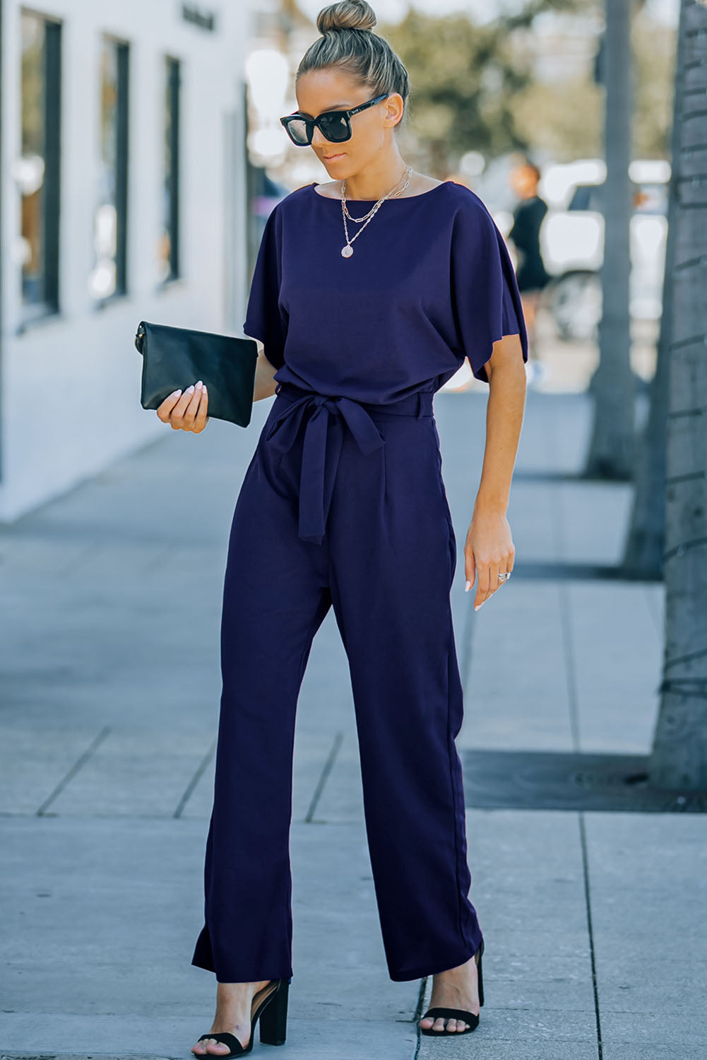 Red Belted Wide Leg Jumpsuit