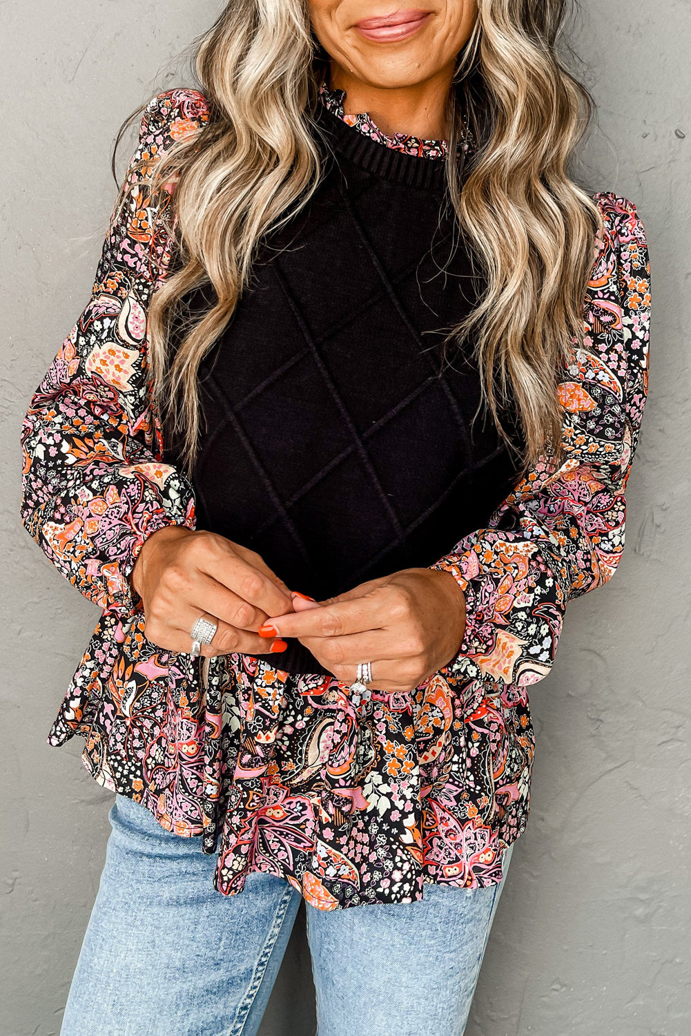 Black Contrast Floral Sleeve Peplum Sweater