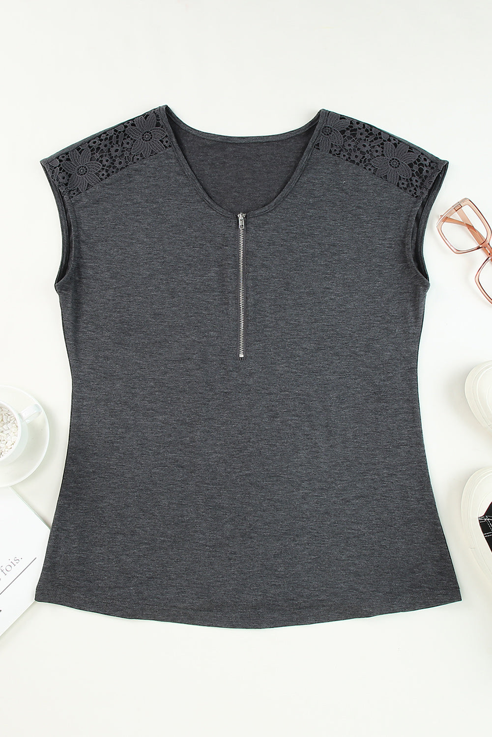 Black Zip Neck Lace Splicing Tee