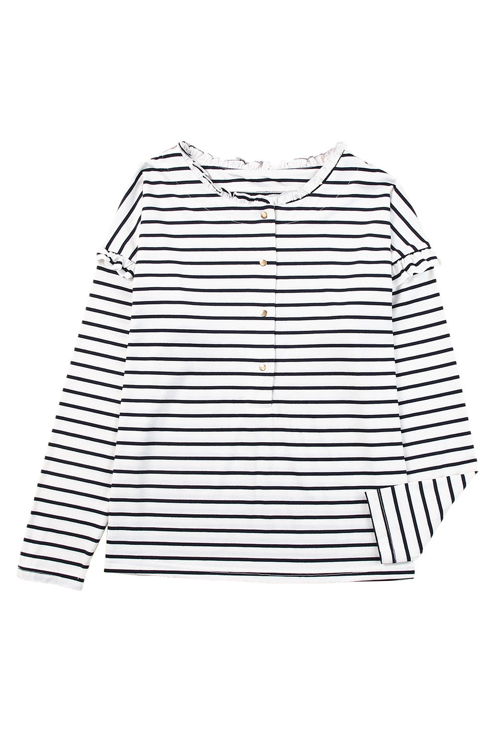 White Striped Print Ruffled Buttoned Long Sleeve Top