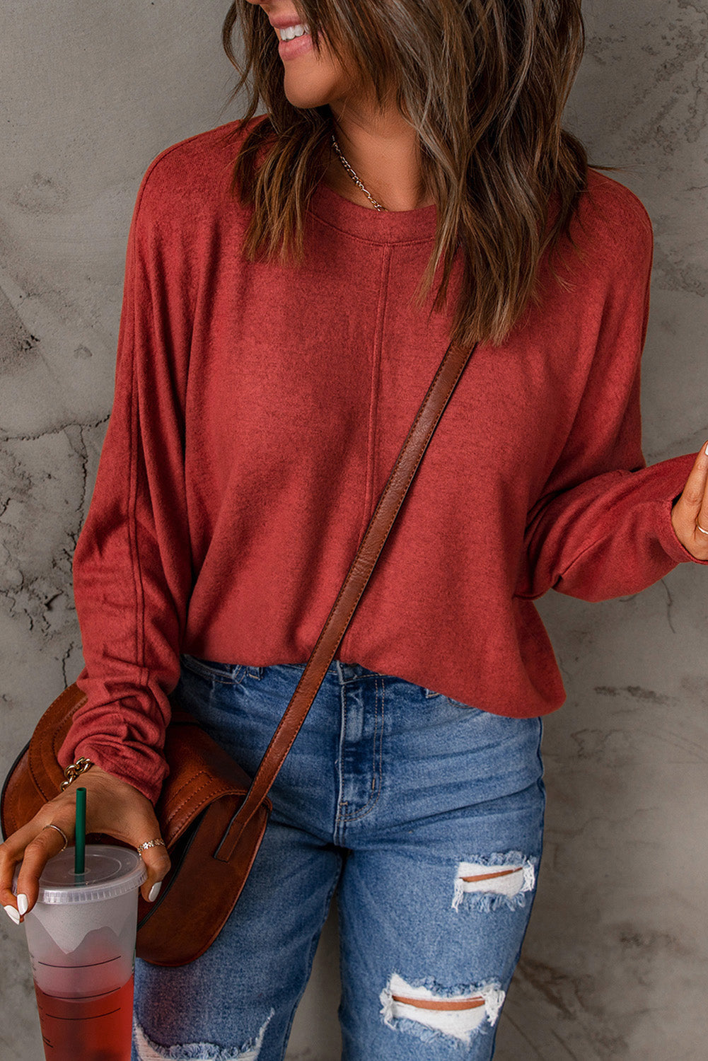 Red Sandalwood V Neck Center Seam Long Sleeve Tee