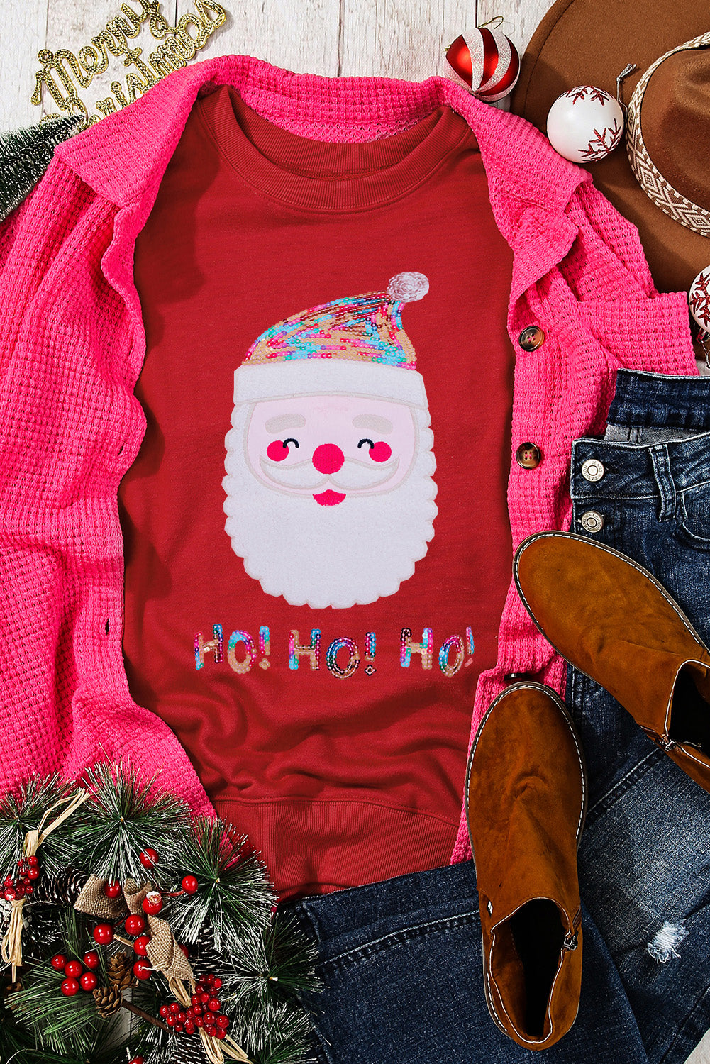 Red Christmas Santa Claus Print Drop Shoulder Sweatshirt