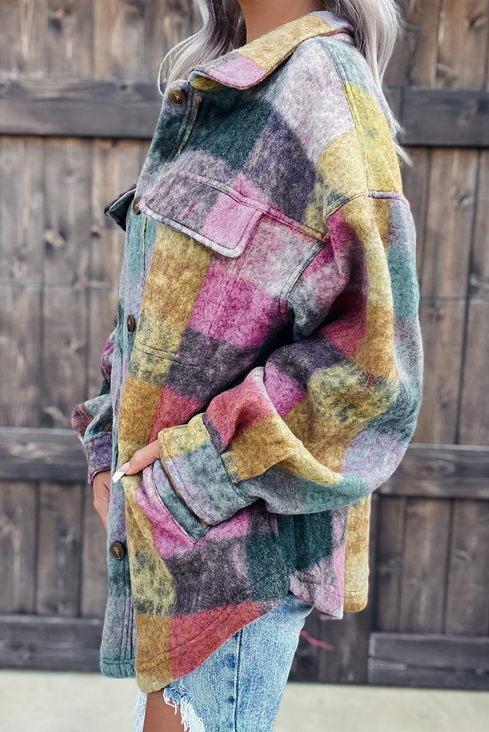 Multicolor Brushed Plaid Plus Size Shacket