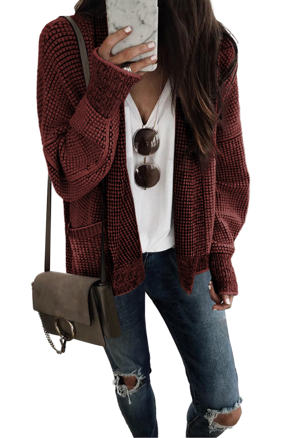 Gray Plaid Knitted Long Open Front Cardigan