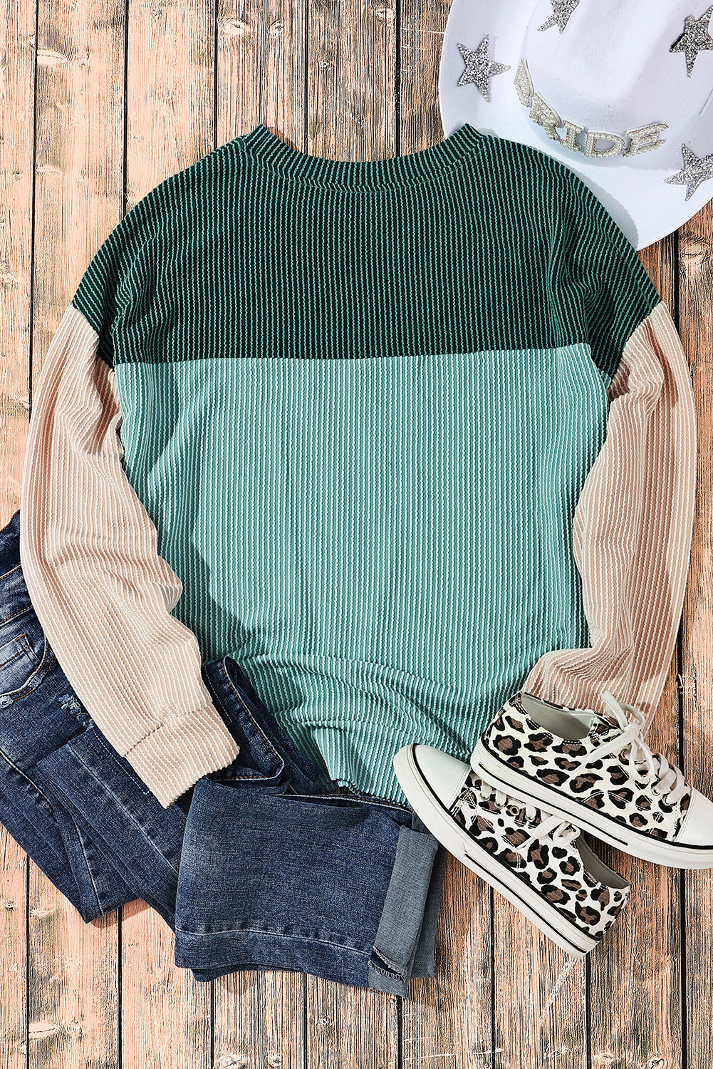 Khaki Corded 2pcs Colorblock Pullover and Pants Outfit