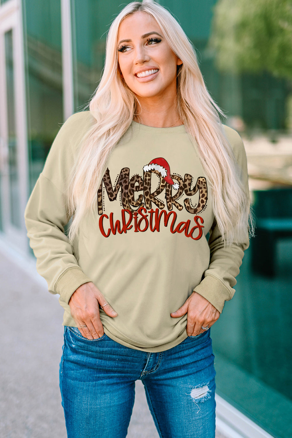 Khaki Merry Christmas Leopard Print Graphic Sweatshirt