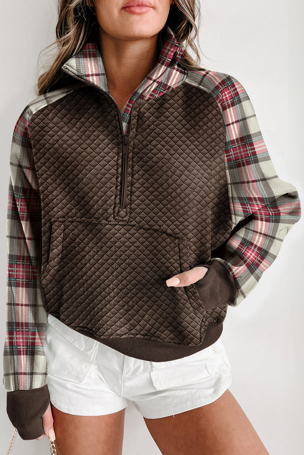 Khaki Printed Plaid Sleeve Patchwork Collared Textured Sweatshirt