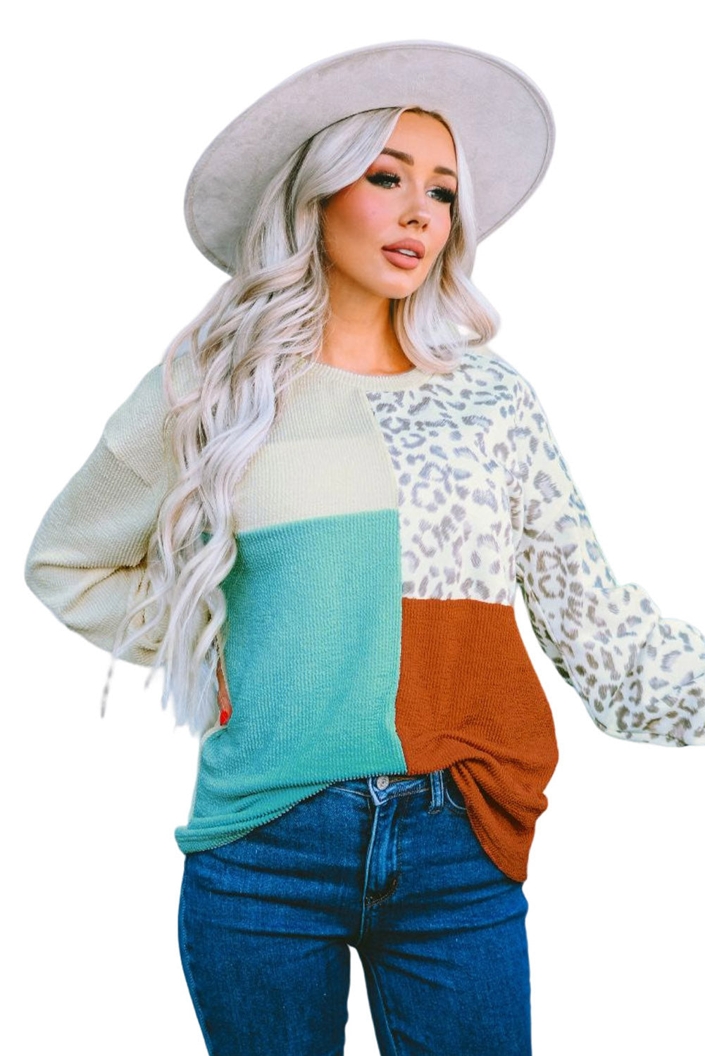 Khaki Leopard Patchwork Color Block Ribbed Long Sleeve Top