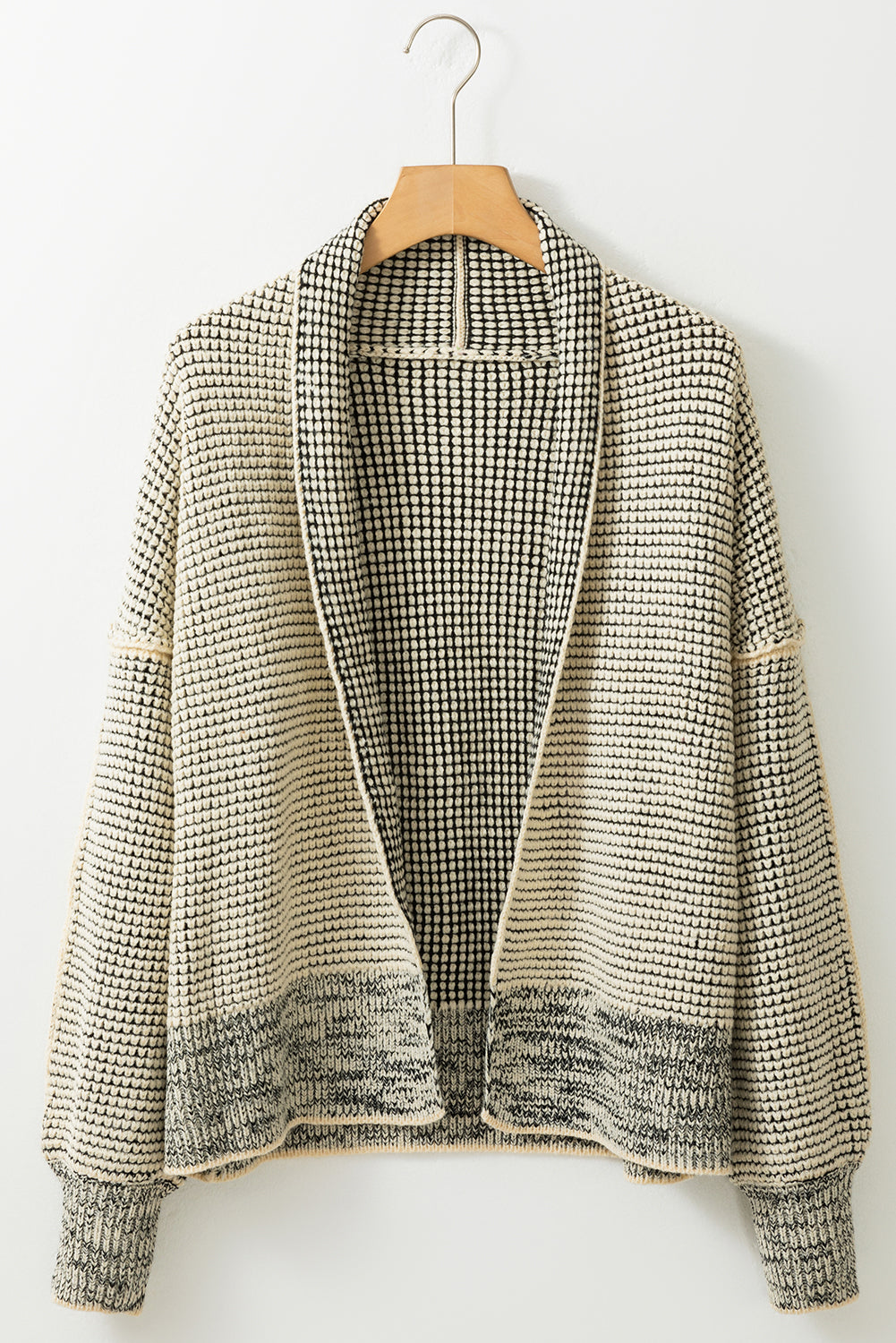 Gray Plaid Knitted Long Open Front Cardigan