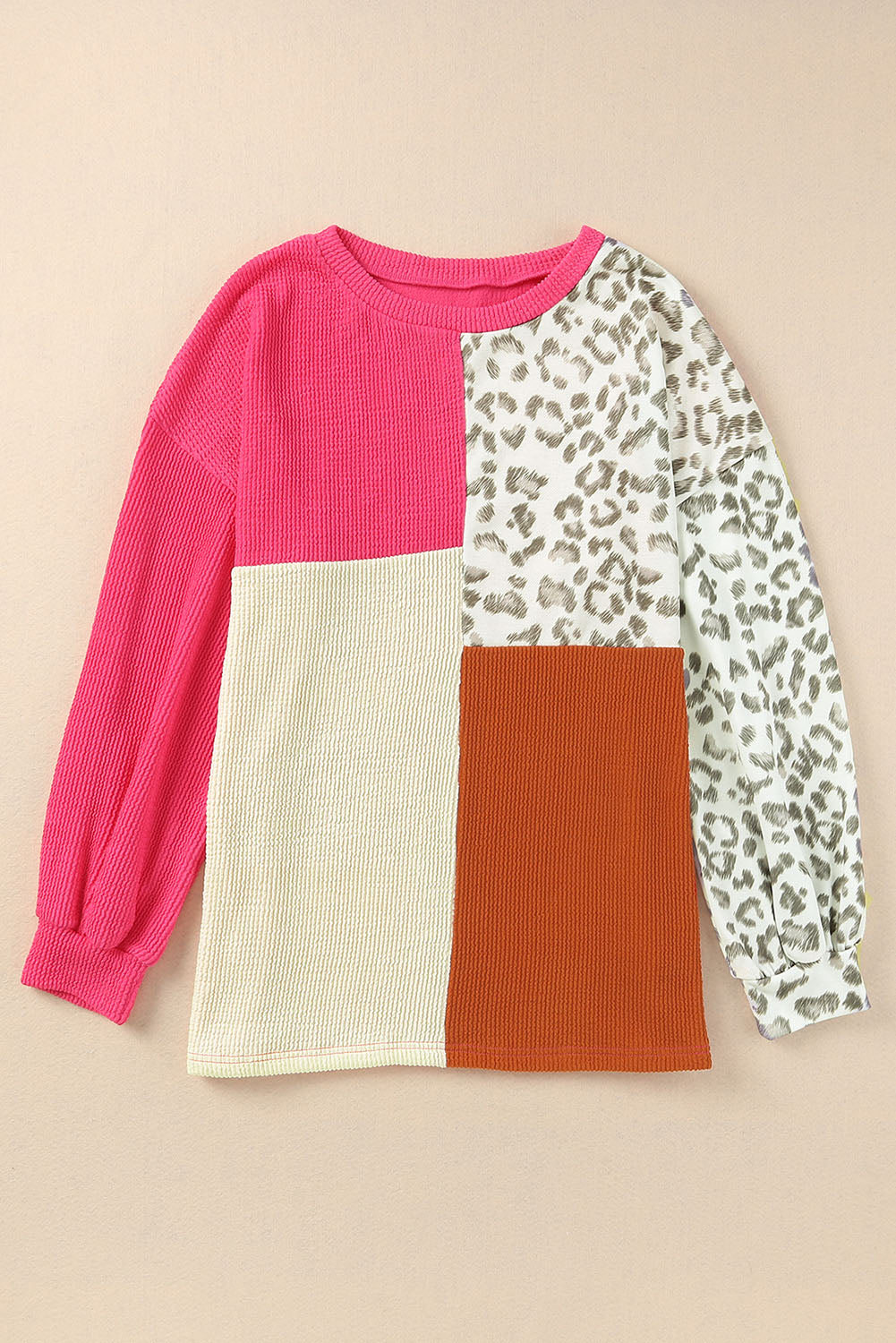 Khaki Leopard Patchwork Color Block Ribbed Long Sleeve Top