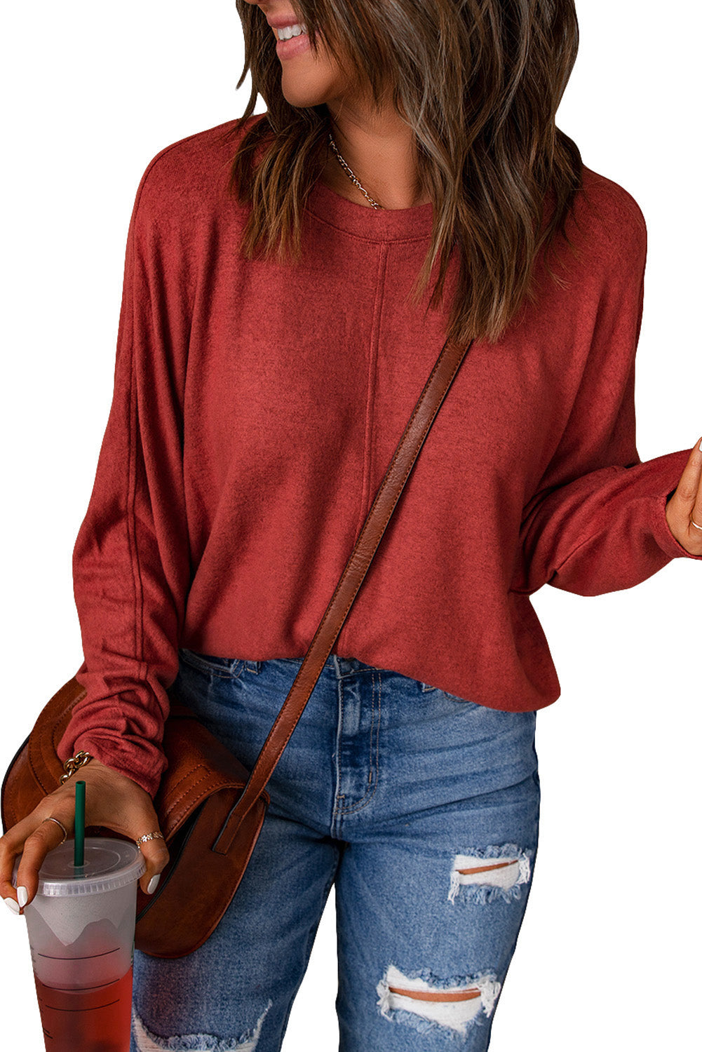 Red Sandalwood V Neck Center Seam Long Sleeve Tee