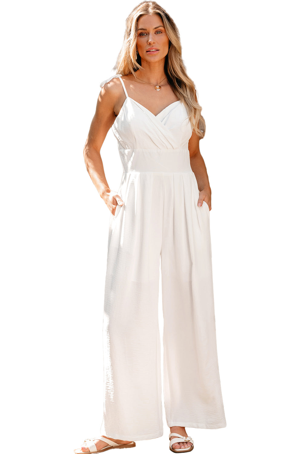 Beige Spaghetti Straps Pleated High Waist Wide Leg Jumpsuit