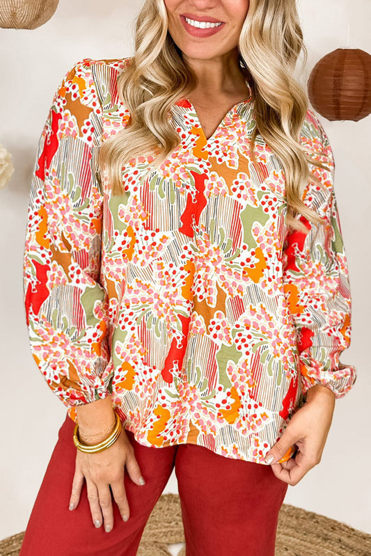 Orange Printed Boho Print V Neck Ruched Bishop Sleeve Blouse