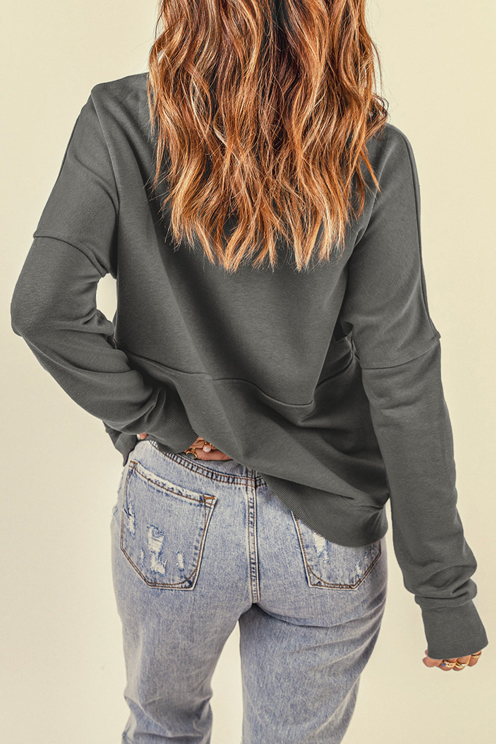 Gray Solid Color Zip Collar Sweatshirt with Pockets