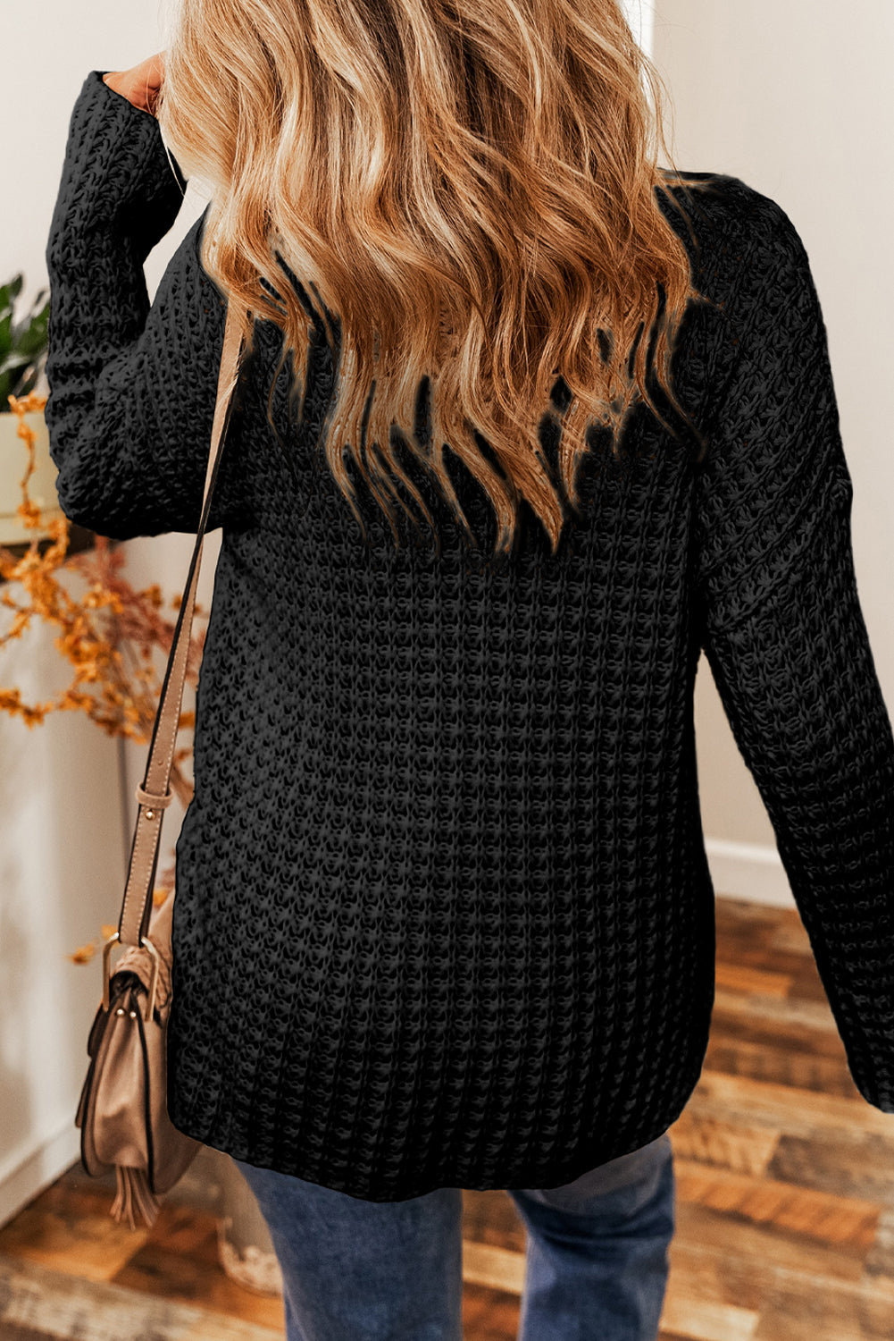 Black Hollow-out Crochet V Neck Sweater