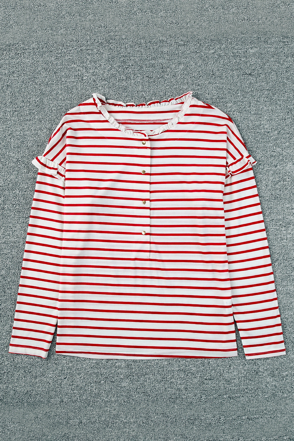 White Striped Print Ruffled Buttoned Long Sleeve Top