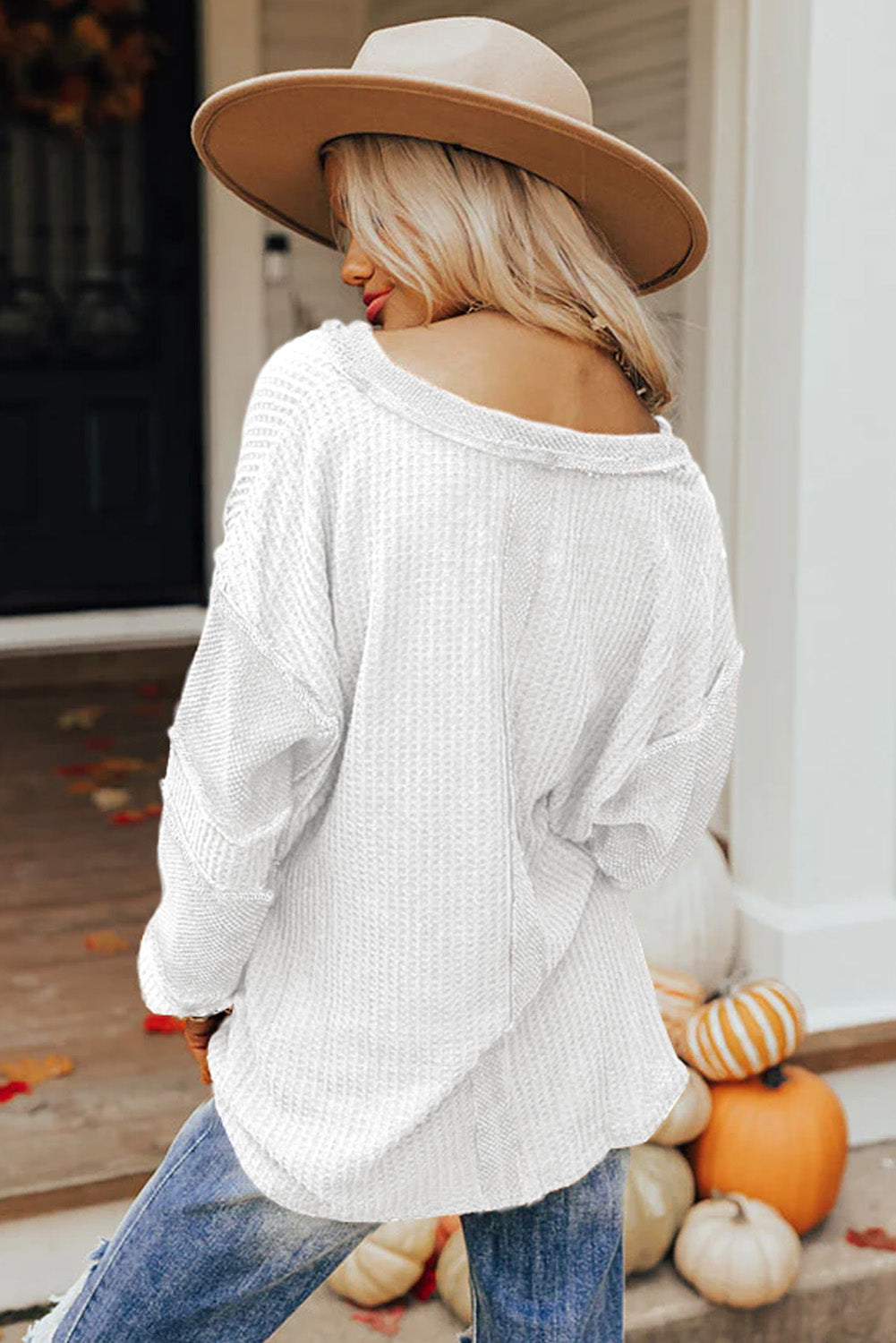 Bright White Contrast Patched Exposed Seam Waffle Knit Henley Top