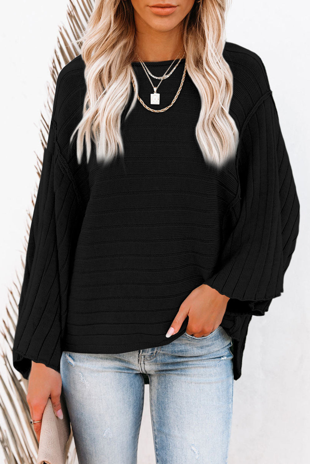 Gray Exposed Seam Ribbed Knit Dolman Top