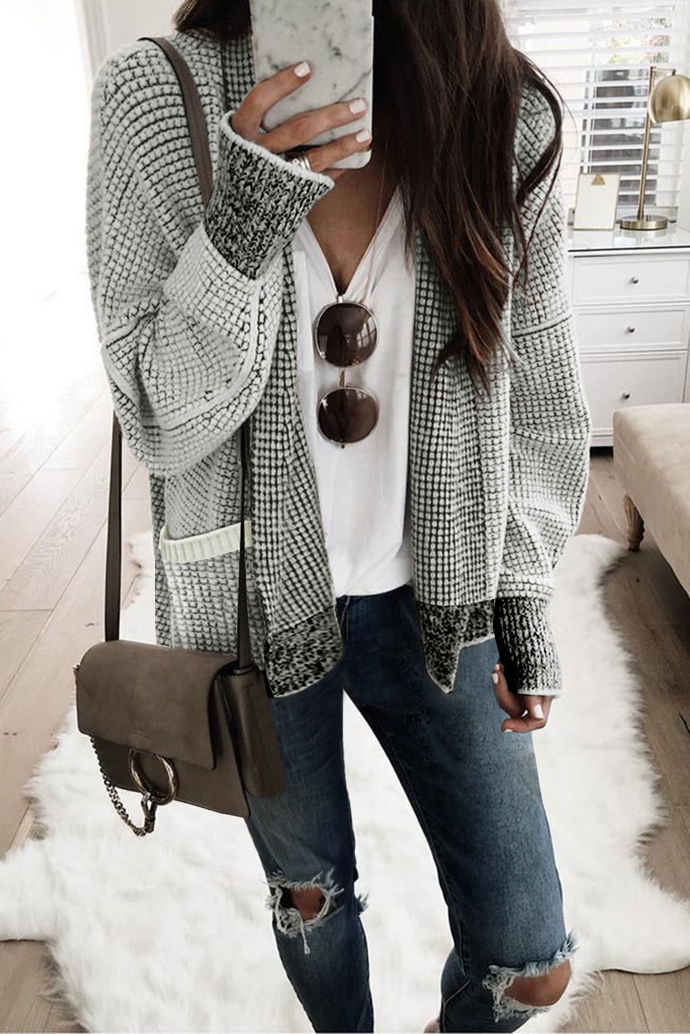 Gray Plaid Knitted Long Open Front Cardigan