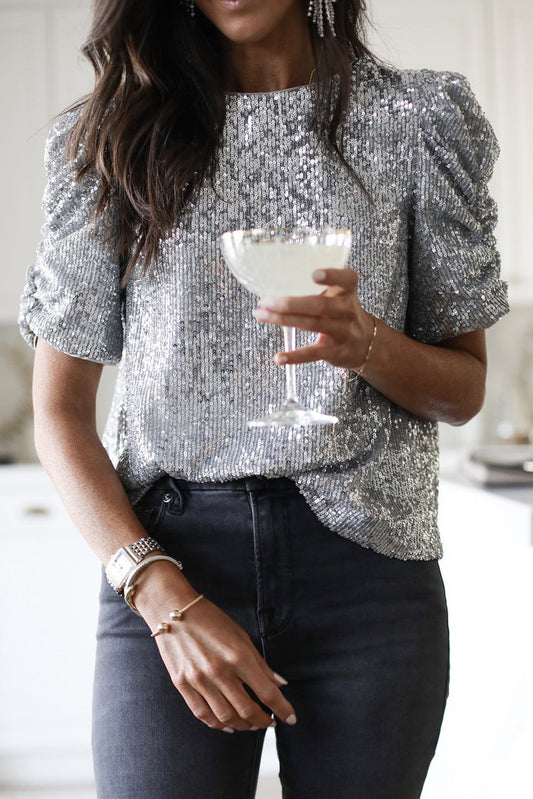 Silvery Short Ruched Puff Sleeve Sequin Top