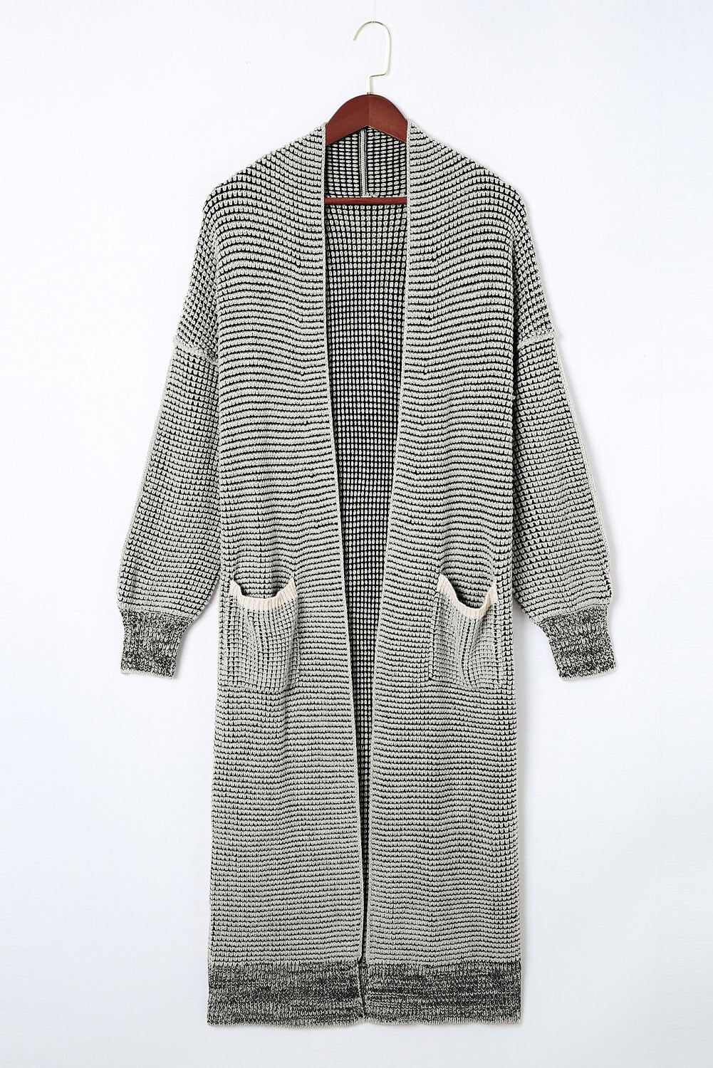 Gray Plaid Knitted Long Open Front Cardigan