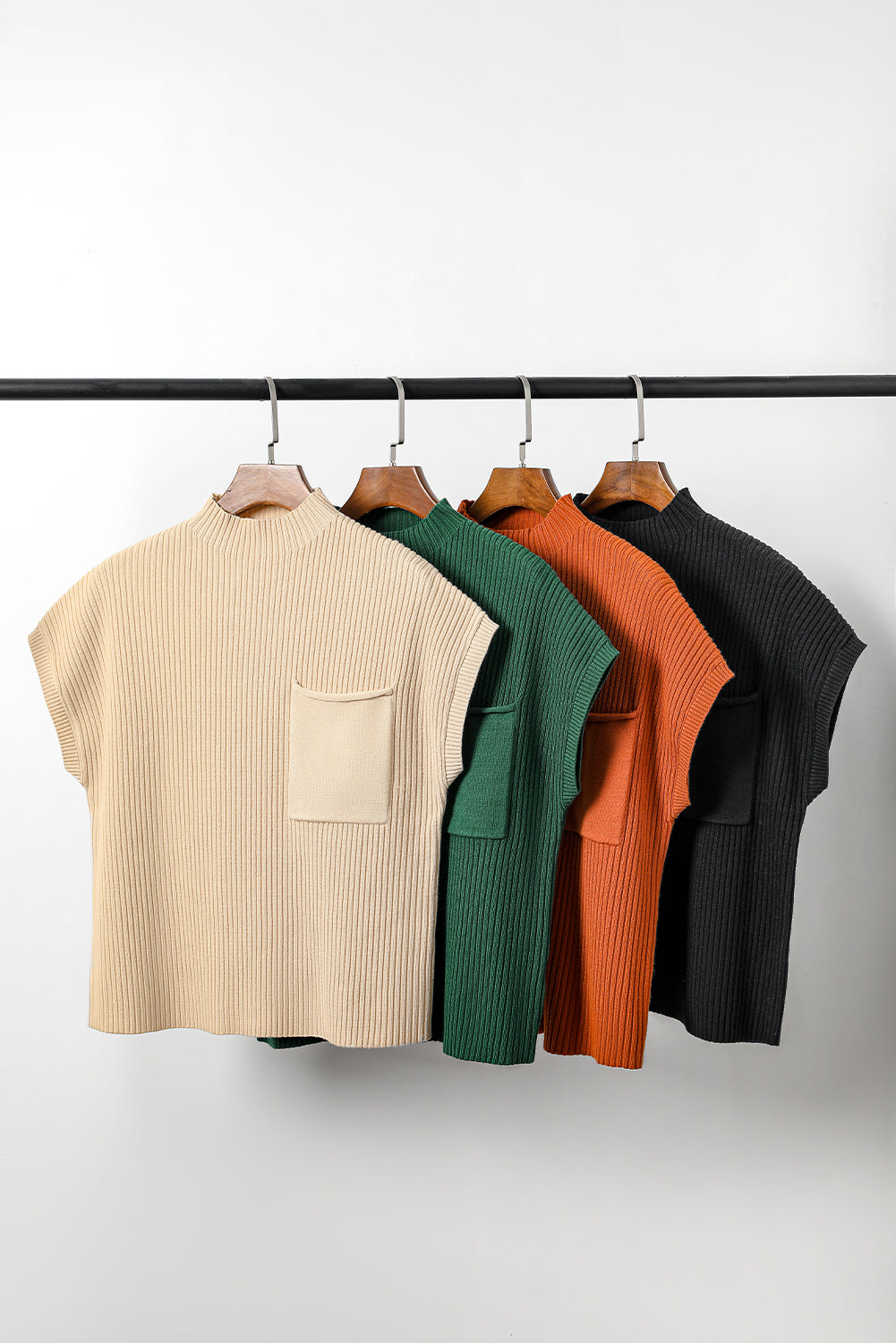 Apricot Ribbed V Neck Patched Chest Pocket Knit T-shirt