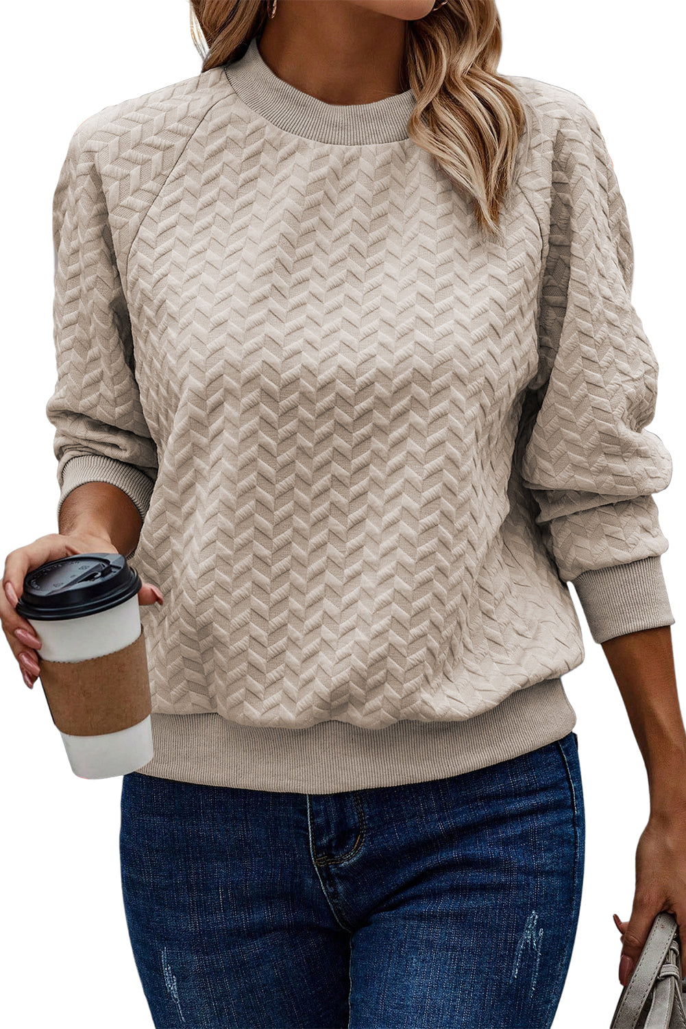 Beige Solid Textured Raglan Sleeve Pullover Sweatshirt