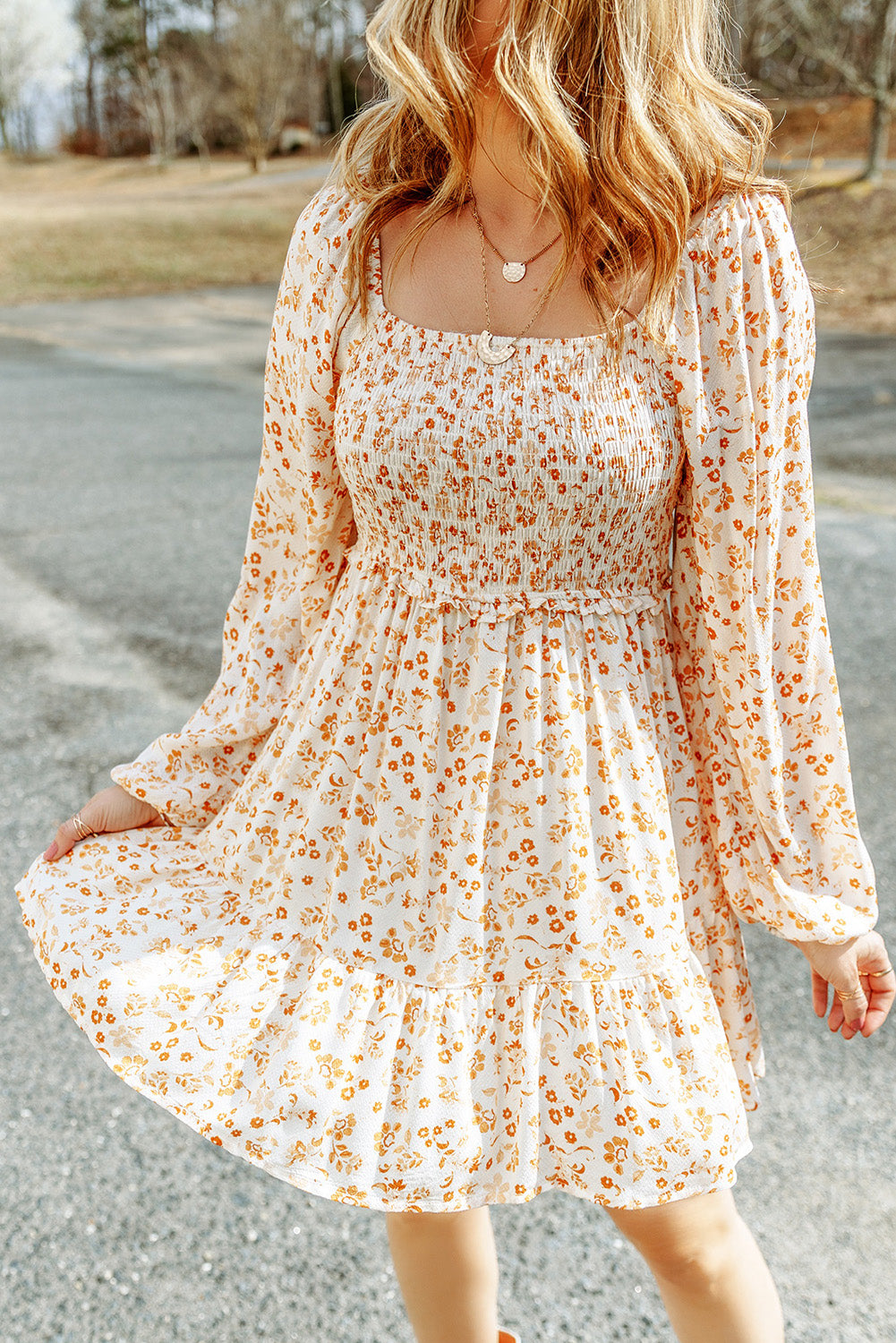 Light Blue Boho Floral Smocked Puff Sleeve Mini Dress