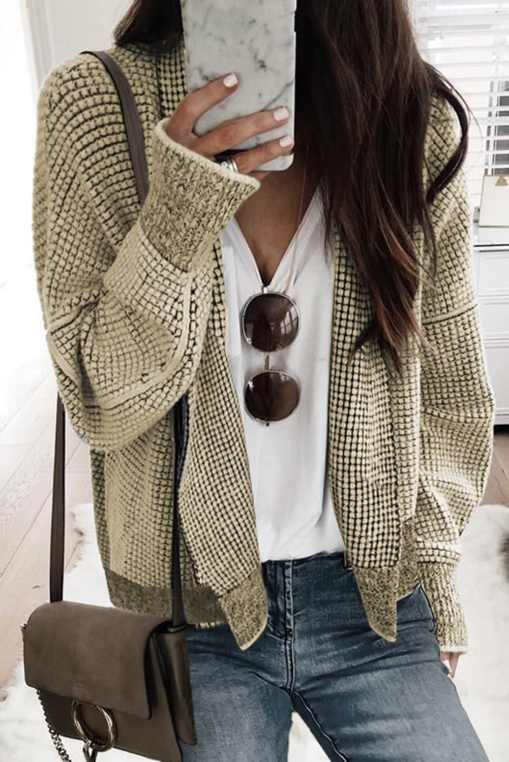 Gray Plaid Knitted Long Open Front Cardigan