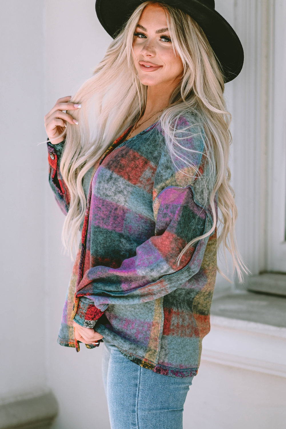 Multicolor Brushed Plaid Plus Size Shacket