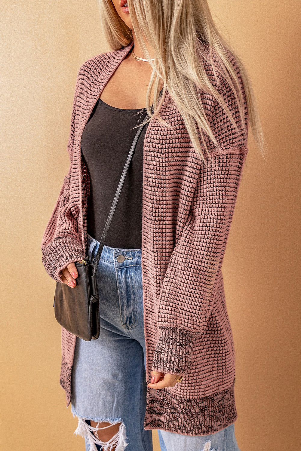 Gray Plaid Knitted Long Open Front Cardigan