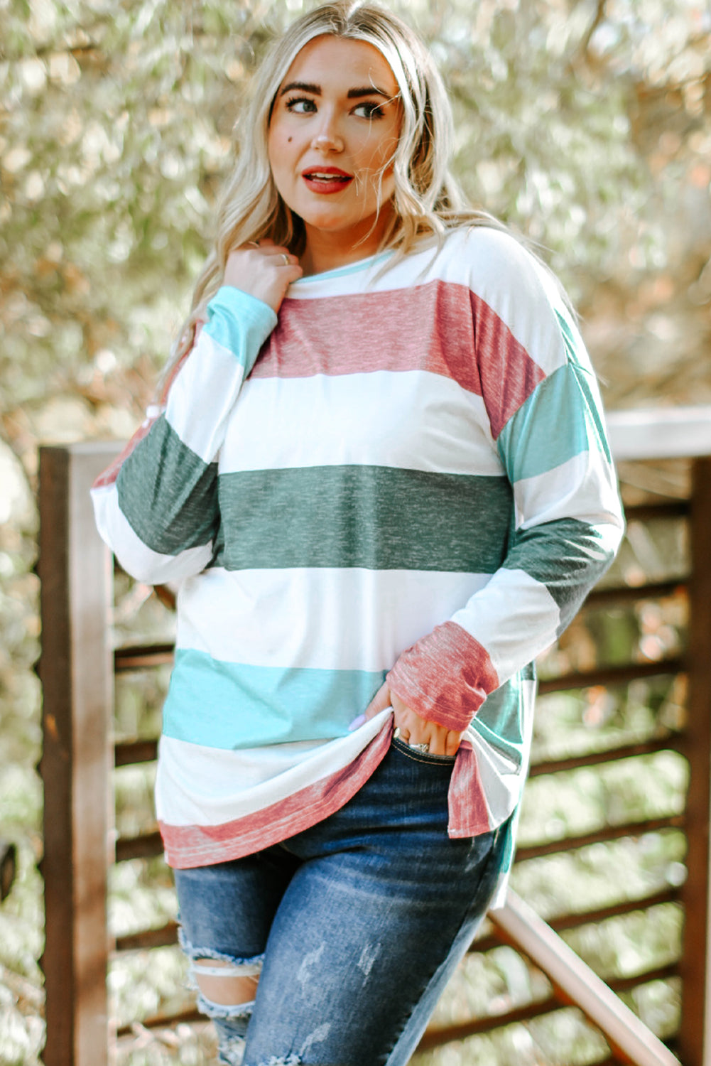 Gray Stripe Plus Size Colorblock Pullover Top